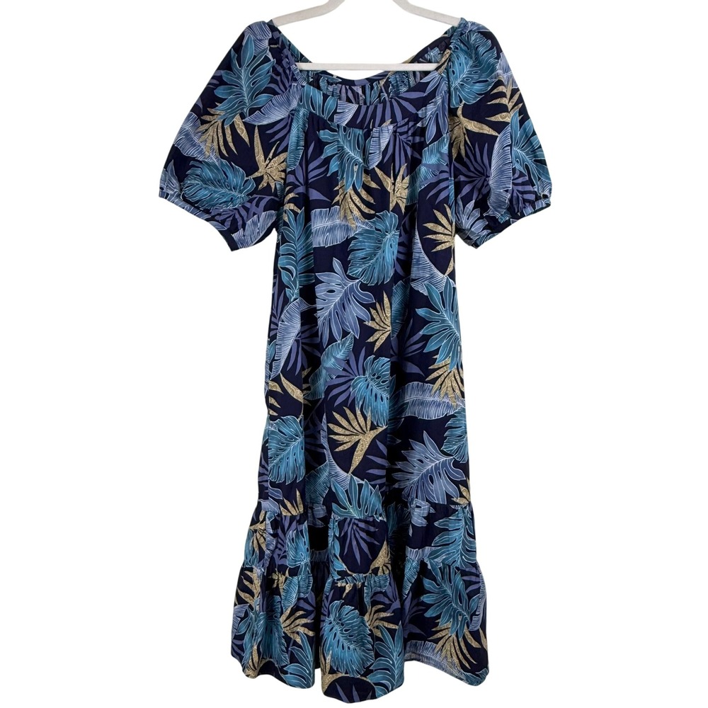 VTG Karyl Kaye Muumuu MIDI Dress L HAWAII Short‎ Sleeve COTTON PUFF SLEEVE